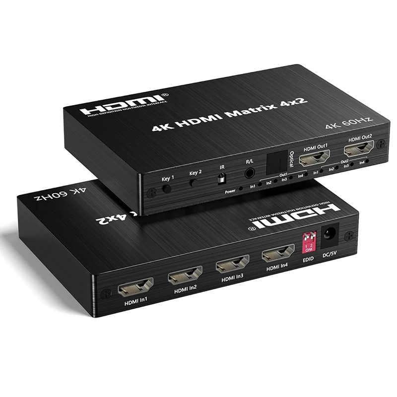 4K HDMI True Matrix Switch 2x4 4x2 2x2 Matrix HDMI Video Switcher Splitter 2 In 4 out with Optical & R/L Audio Extractor HDCP2.2