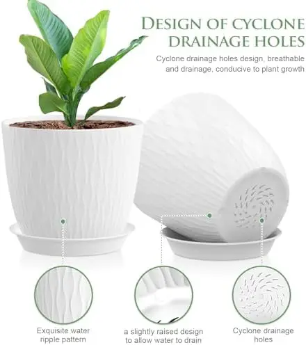 أوعية نباتات مقاس 7 بوصات، 5 عبوات مع فتحات وصحون تصريف، مزارعات بلاستيكية بيضاء للعصارة الداخلية #3