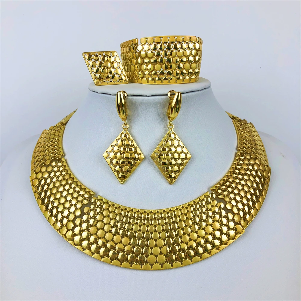 ESALE Bohemia Trendy 18K Gold Plated Jewelry Set for Women Necklace Earrings Fashion Anniversary Party Dubai Bridal Wedding Gift