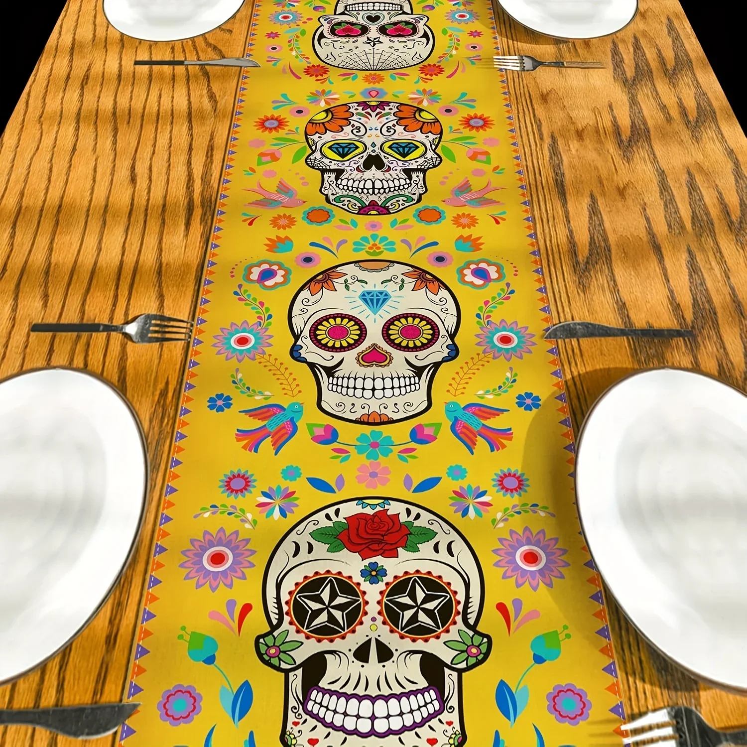 1Pc Mexican Sugar Skull Table Runner Yellow Floral Bird Print Table Cover For Dining Kitchen Party Decoration Tabletop Decor
