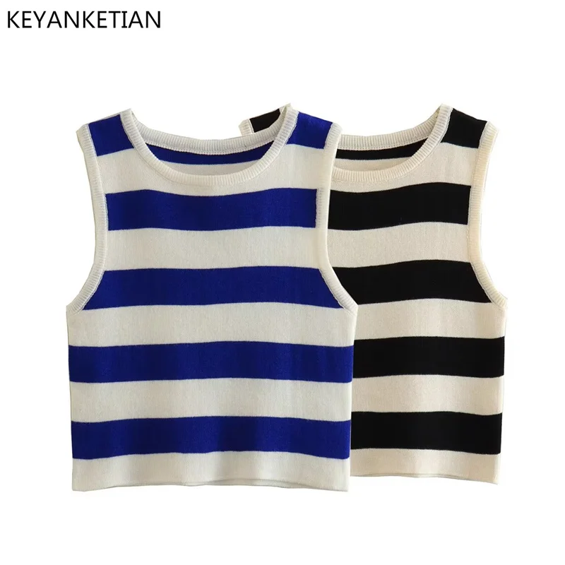 

KEYANKETIAN Summer New Crewneck Sleeveless Horizontal Stripes Basic Knitted Vest Women's High Elasticity Tight Short Top