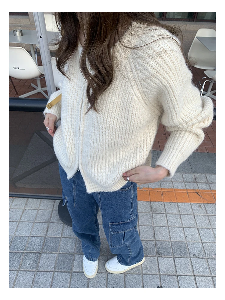 Zip Up Cardigan for Women Zipper Front Crew-Neck Long Sleeve Cozy Knitted Sweater Jacket Fall Winter Teen-girl Basic Outfit