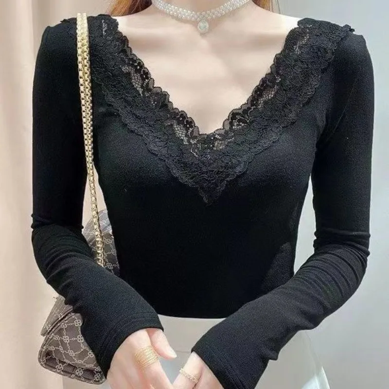 Autumn and Winter Women\'s Solid V-Neck Cotton Liner Long Sleeve Lace Slim Underlay Basic Fashion Sexy Korean Office Lady Tops