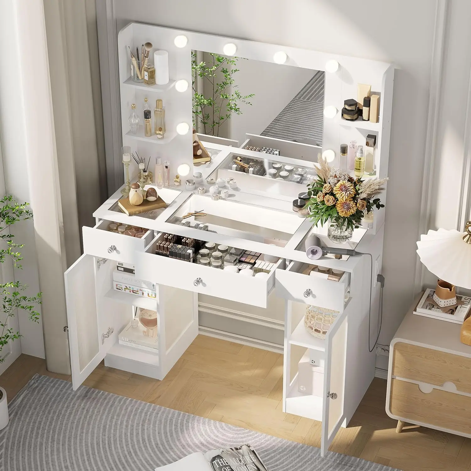 Makeup Vanity with Glass Top, White Vanity Desk with Mirror and Lights, Big Vanity with Drawers & Cabinets for Bedroom, Cute Van