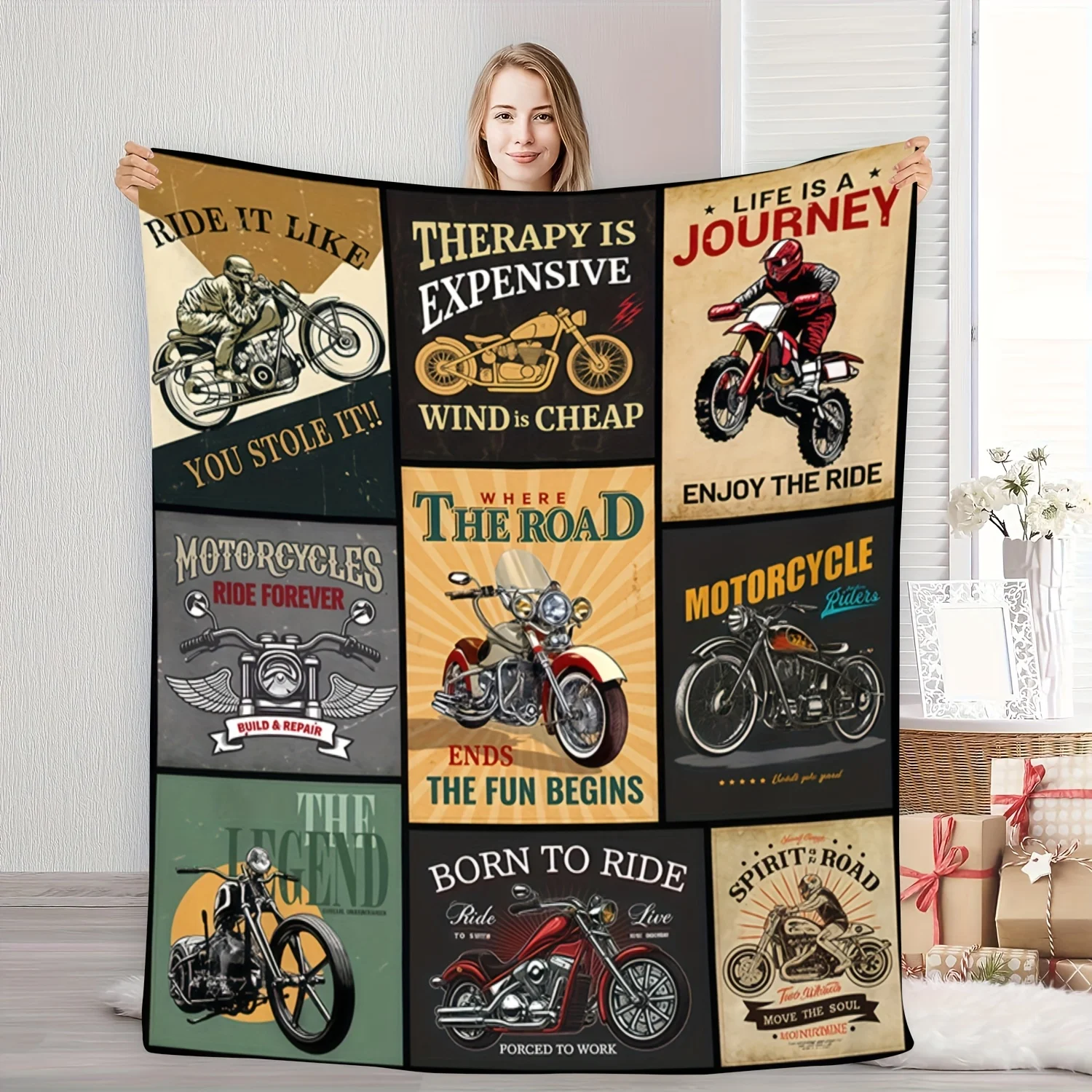 Urban Rider Flannel Throw Blanket Soft Motorcycle Theme Design All Season Cozy Comfort for Biker Enthusiasts Gift