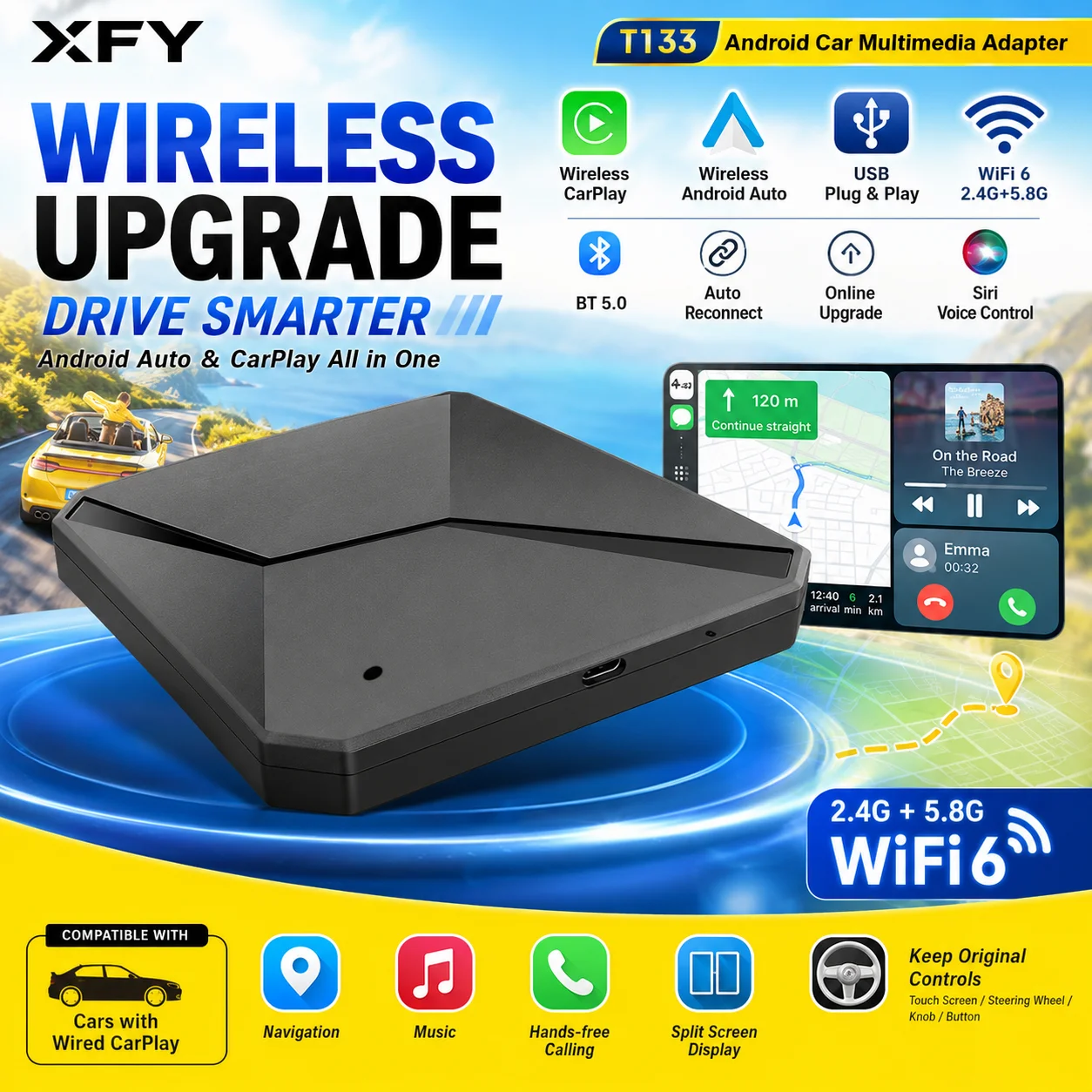 XFY Android 4+64G Wireless CarPlay Ai Box Smart 5 in 1 HDMI Plug & Play Android Auto Car Tv Box For Netflix YouTube 2026 NEW