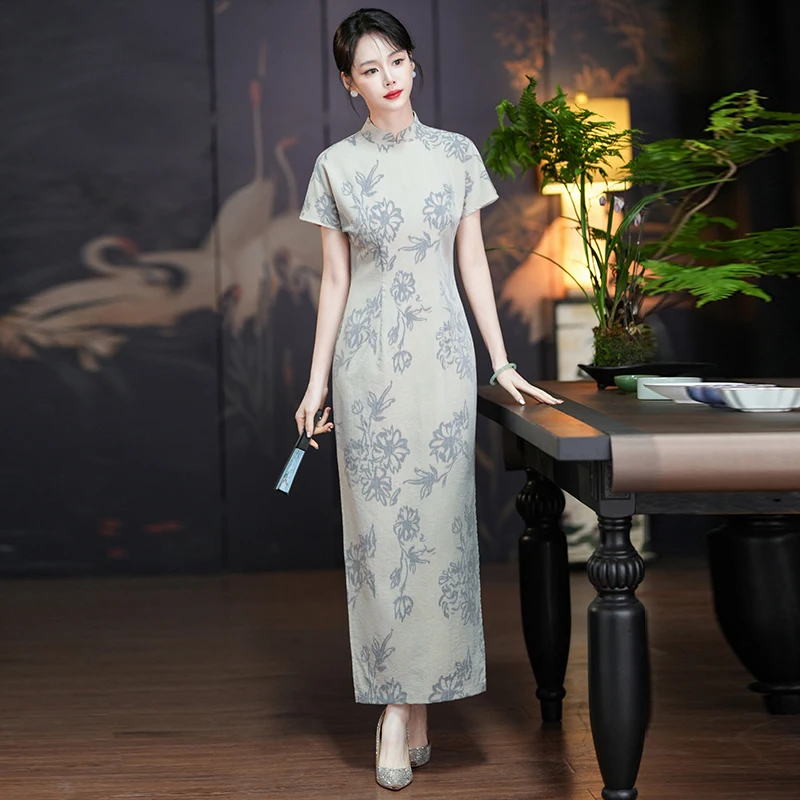 Elegant Floral Print Slit New Chinese Style Qipao Summer Unique National Trend Dress Daily Simple Elegance Chinese Qipao Dress
