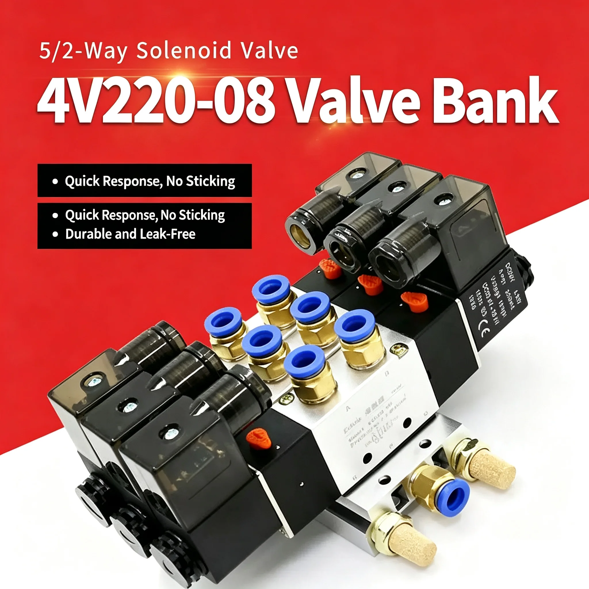 2 - 5 Row Pneumatic 5 Way Double Solenoid Valve Block 4V220-08 Plate with Fitting Manifold 12V DC 24V AC 110V 220V 5/2 24VDC