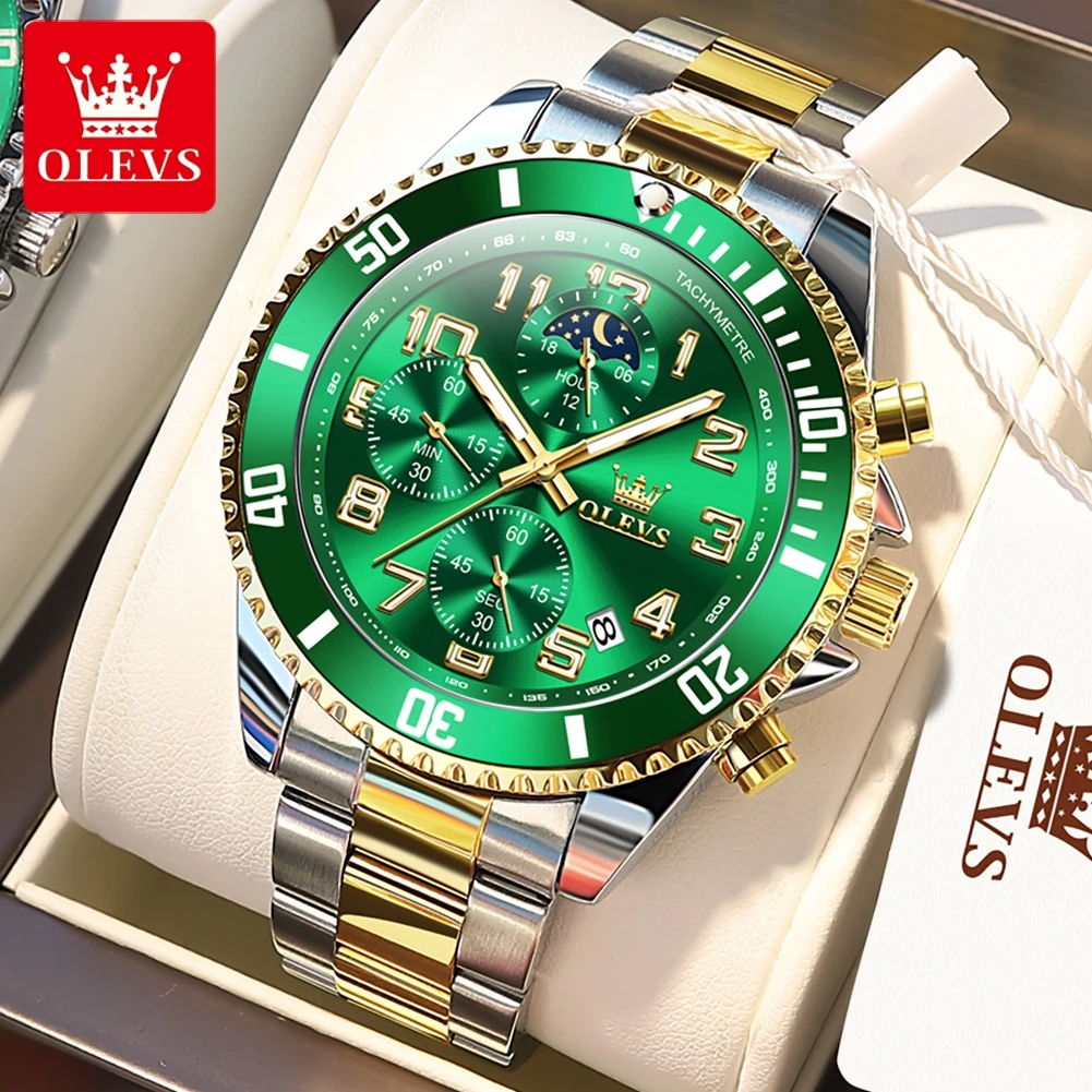 OLEVS 2926 Watches For Men Luxury Green Water Ghost Series Classic 3 Eyes Dial Chronograph Moon Phase Original Quartz Man Watch