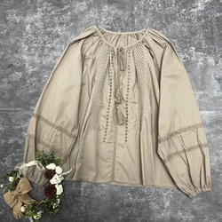 Vintage Boho Bohemian Women Cotton Eyelet Embroidery Blouse Female Fringes Hippie Gypsy Vacation Ibiza Thailand Cute Shirt Tops