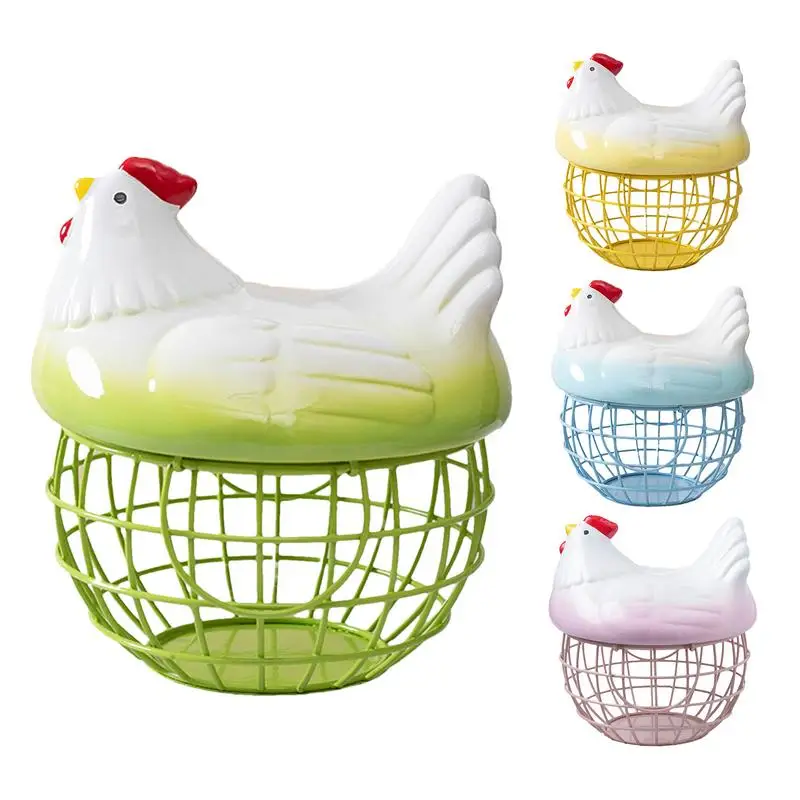 

Egg Basket With Ceramic Lid Household Metal Wire Collecting Egg Holder Iron Chicken Shape Ceramic Hen Ornament Fruit Storage