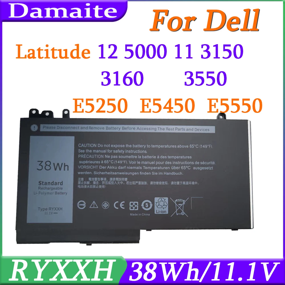 

RYXXH 11.1V 38Wh Laptop Battery For Dell Latitude E5250 E5450 E5550 12 5000 11 3150 3160 3550 Series Notebook 9P4D2