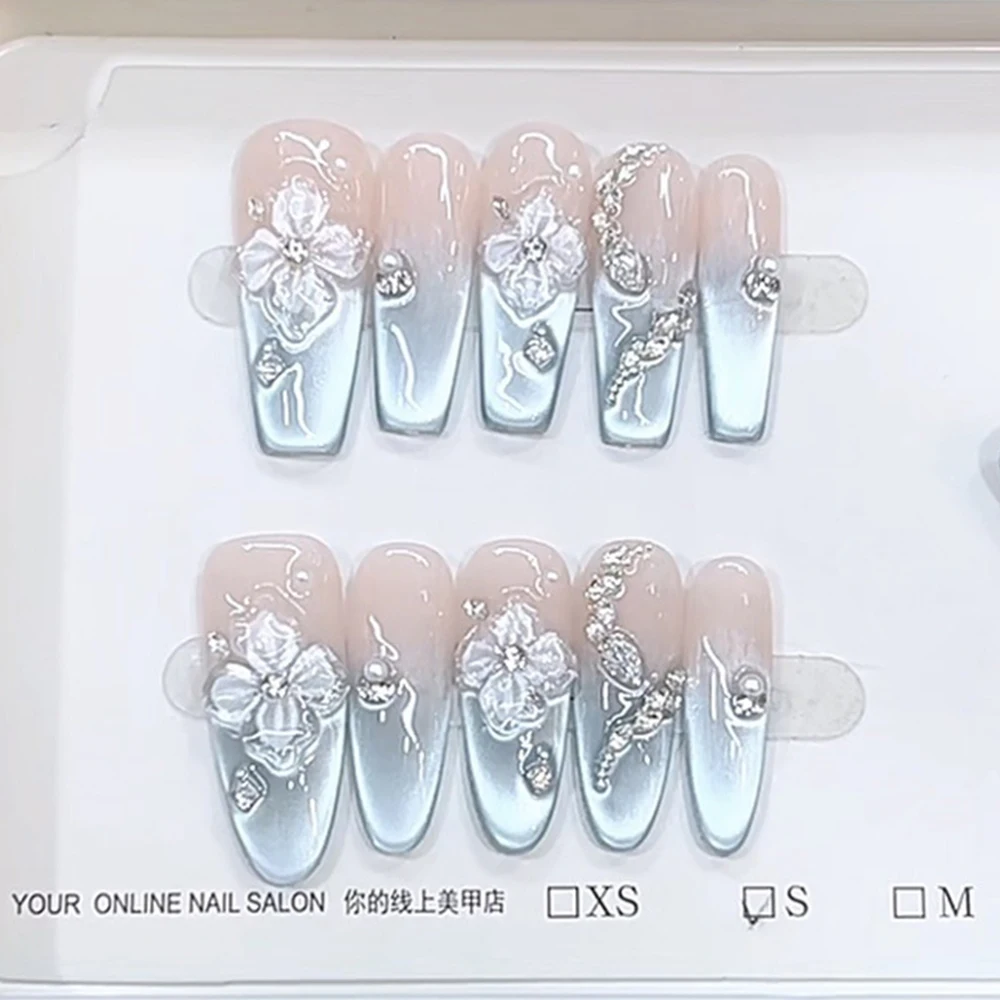 10 Buah Stiker Pesta Kuku Buatan Tangan Dapat Dipakai Mutiara Berlian Bunga Cantik Kuku Penutup Penuh Elips Peti Mati Panjang Perancis Lembut