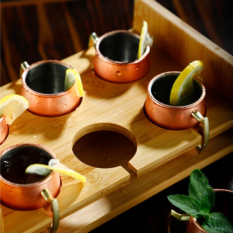 6pcs/set 60ML Mini Mugs Moscow Mule Mug With Wooden Holde Cocktail Cups Stainless Steel Hammered Copper Plated Beer Wine Mug