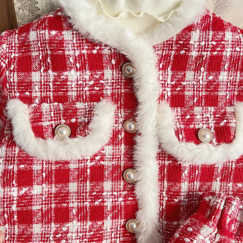 

2025New Winter Girls Red Plaid Set Baby Plaid Short Skirt Set