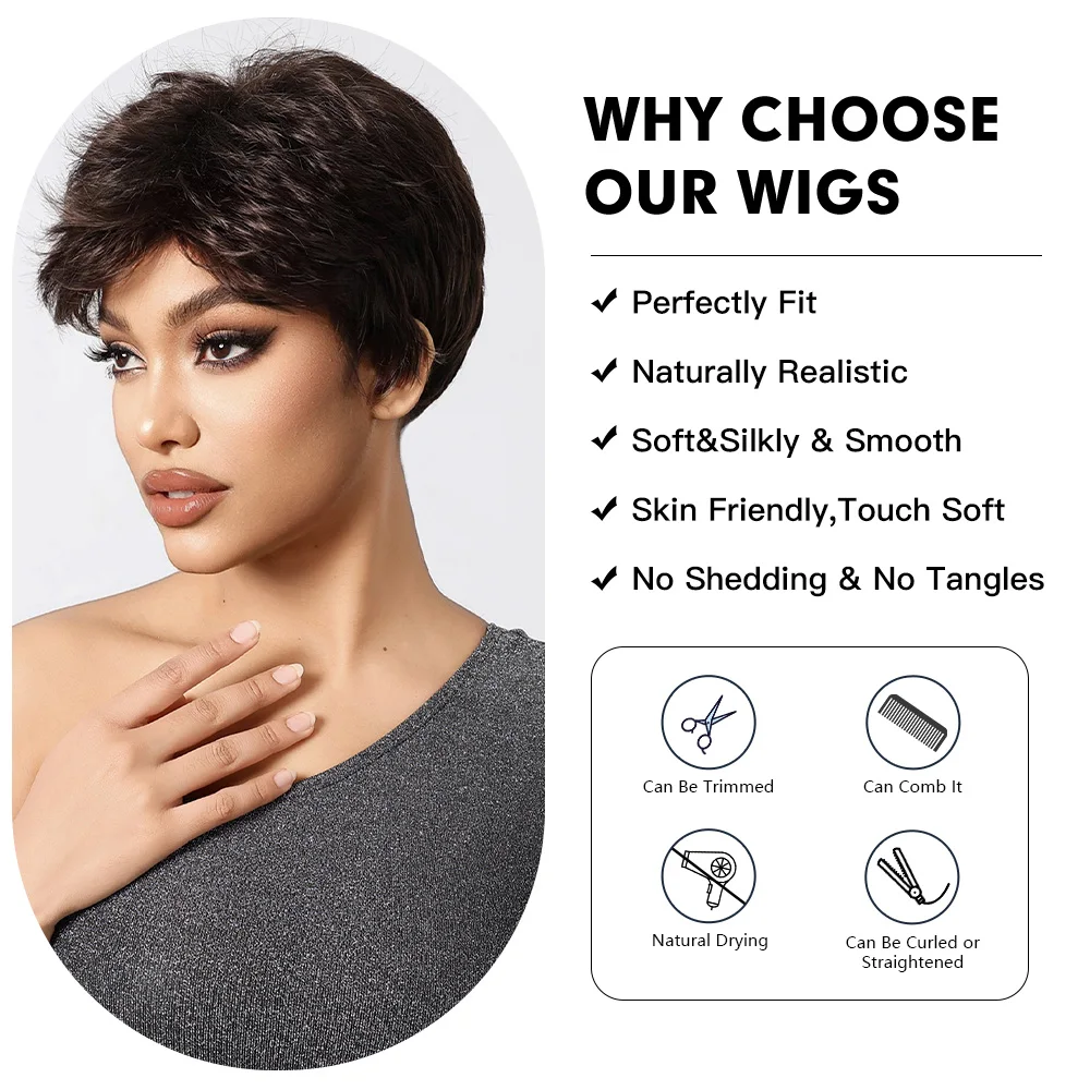 Short Pixie Cut Dark Brown Wig Synthetic Layered Wigs with Bangs for Black Women Afro Cosplay Daily Use Natural Fibre Fake Hair