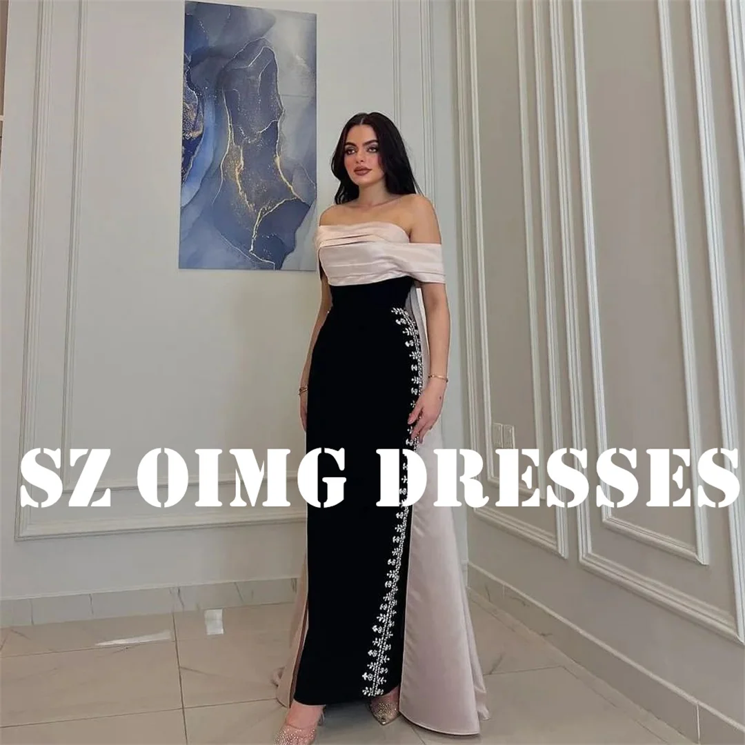 OIMG New Design Strapless Rhinestones Prom Dresses Saudi Arabic Women Satin Cape Mermaid Evening Gowns Formal Party Dress