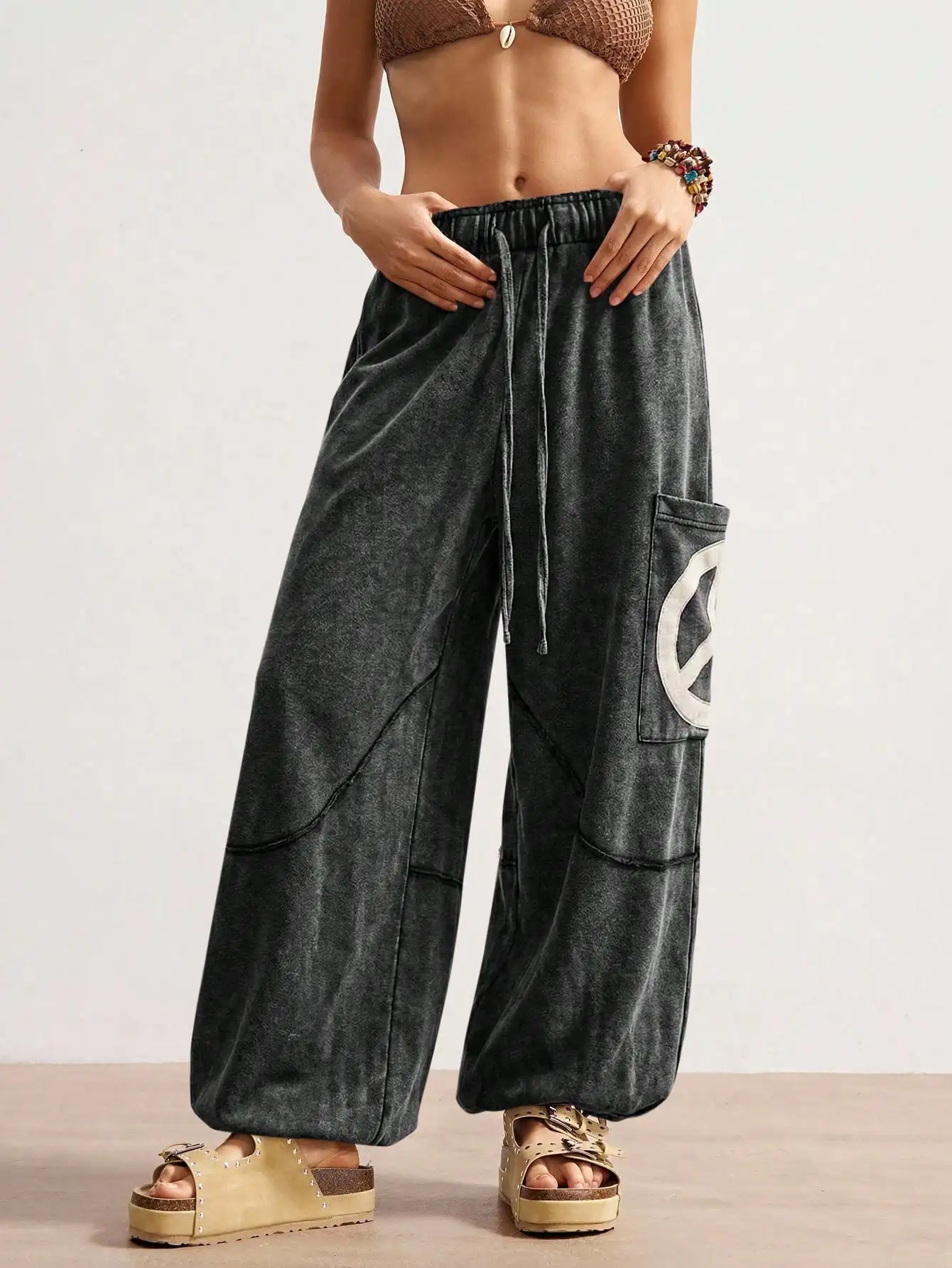 Peace Sign Embroidered Knit Pants, Solid Drawstring Loose Casual, Vacation Y2K Wide Leg Trousers for Women
