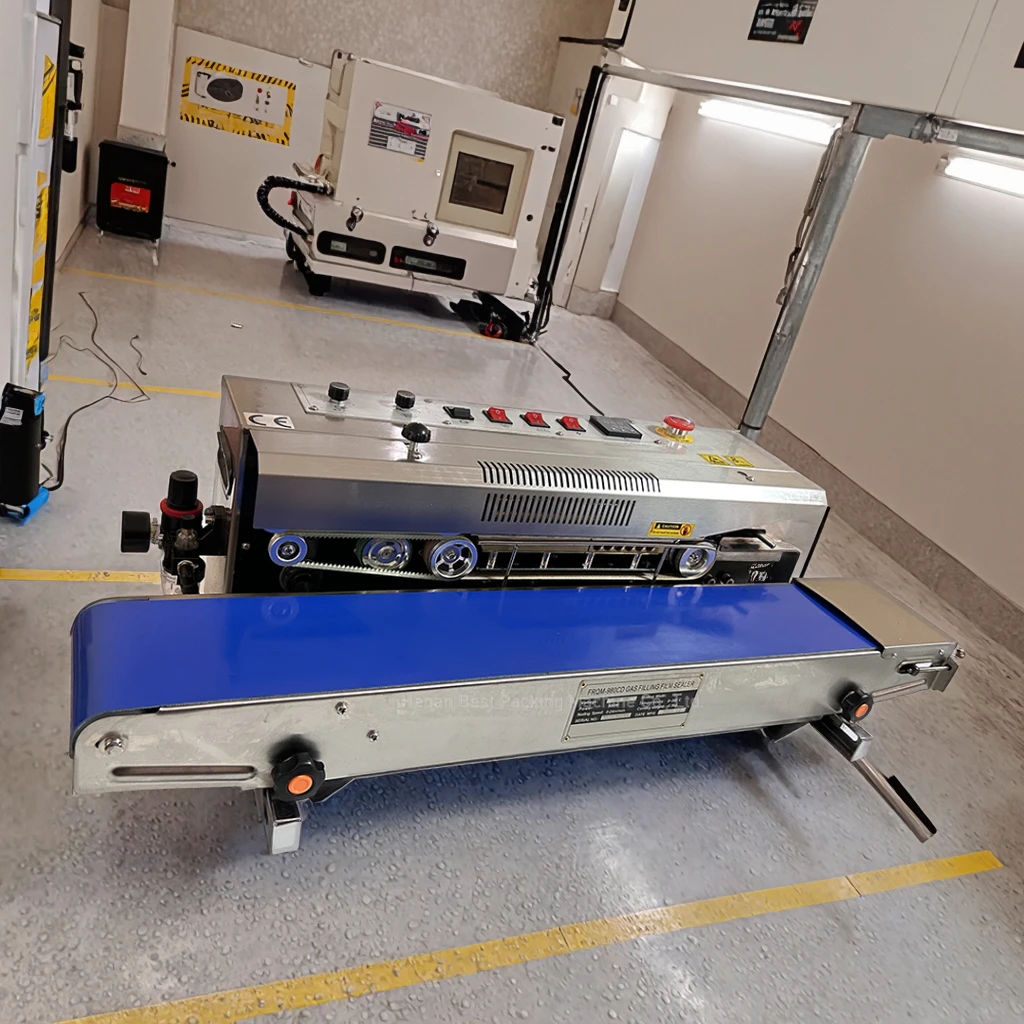 

FR900 Heat Band Sealer Continuous Flush Plastic Bag Sealing Machine Nitrogen G/as Filling Sealing Machine