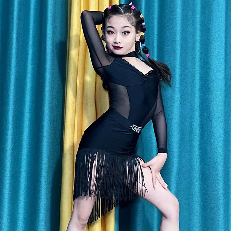 Latin Dance Dress Girls Black Fringe Dress Practice Wear Cha Cha Ballroom Dance Performance Clothes Rumba Dance Costume DNV18926