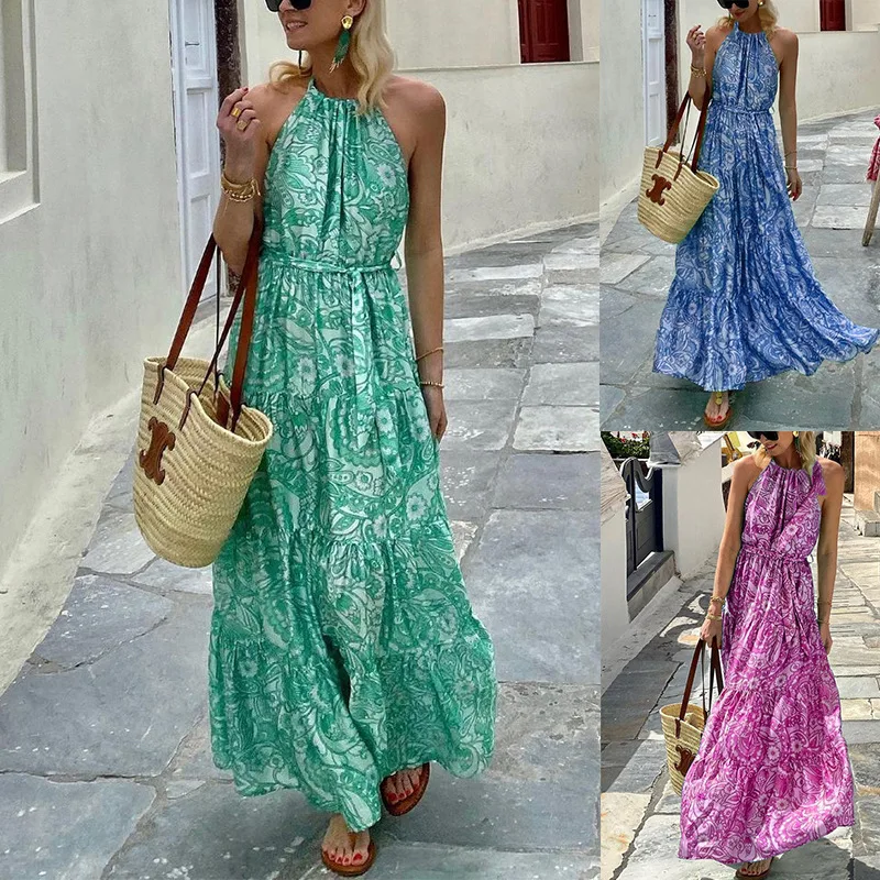 

Women's Summer New Loose Sleeveless Bohemian Medium And Long Print Dress