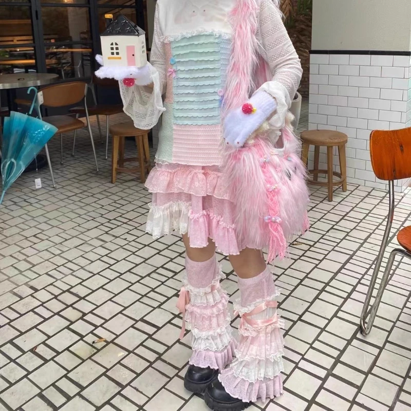 Japanese Cute Two-tone Lace Splicing Cake Hosiery Autumn New Design Sweet Versatile Age-reducing Slimming Leg Warmers Ladies