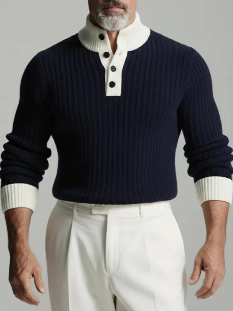 Mens Contrast Henley Collar Knit Sweater Color Block Cuff Vertical Texture Slim Gentleman Daily Business Casual Pullover