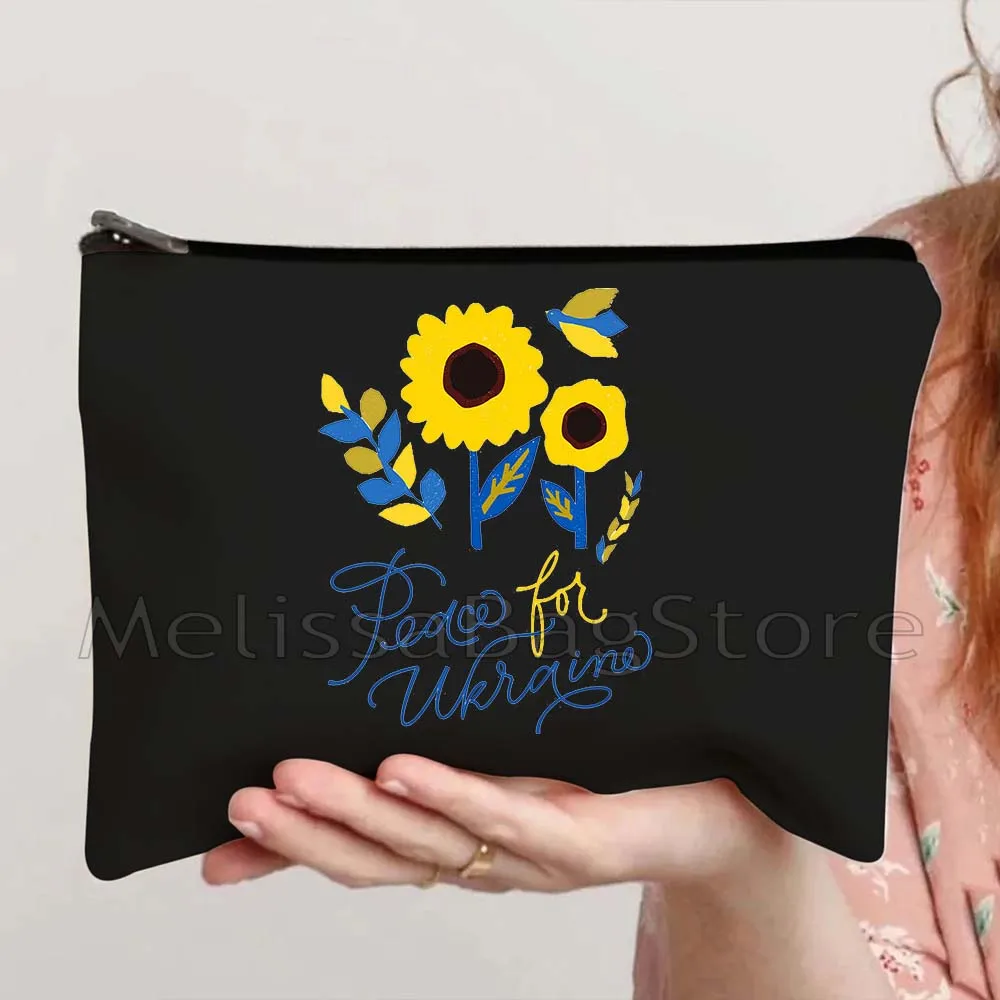 Floral Peace Patriotic Gift Sunflower Vintage Yellow Blue Flag Girl Love Heart Canvas Cosmetic Bag Makeup Toilet Bag Case Pouch