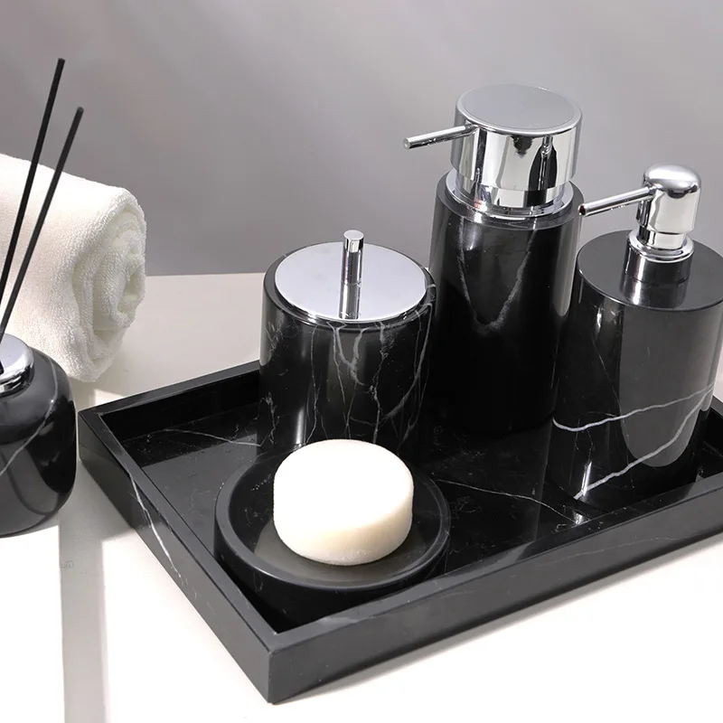 1pc, Black Marble Bathroom Toiletries, Washbasin Tray, Lotion Bottle, Storage Cup, Cotton Swab Jar, Bathroom Accessories