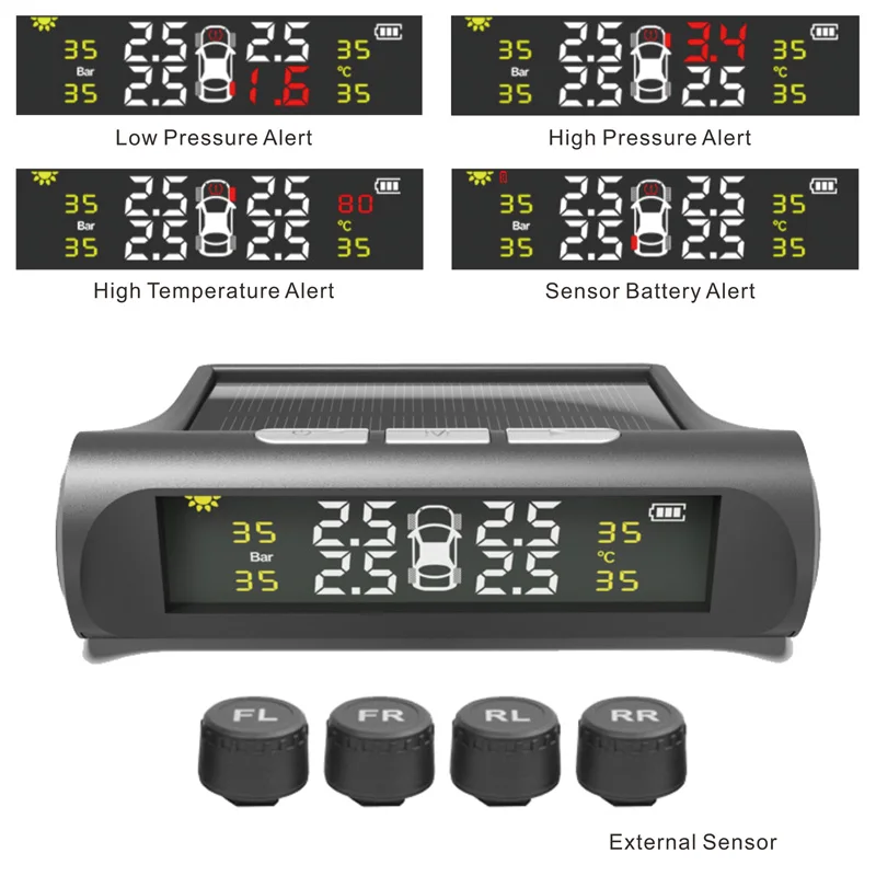 Solar Wireless Tire Pressure Monitoring System TPMS  Auto Security Alarm Device With 4 sensors Temperature Warning