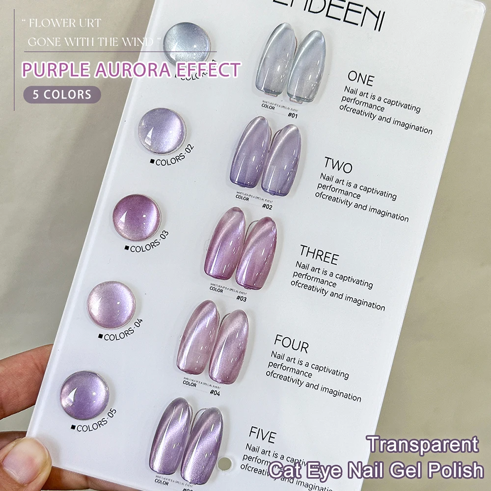 Vendeeni 5 colores/juego de esmalte de uñas de Gel de ojo de gato púrpura transparente UV LED barniz de uñas de cristal de gelatina con tarjeta de Color sin TPO/HEMA