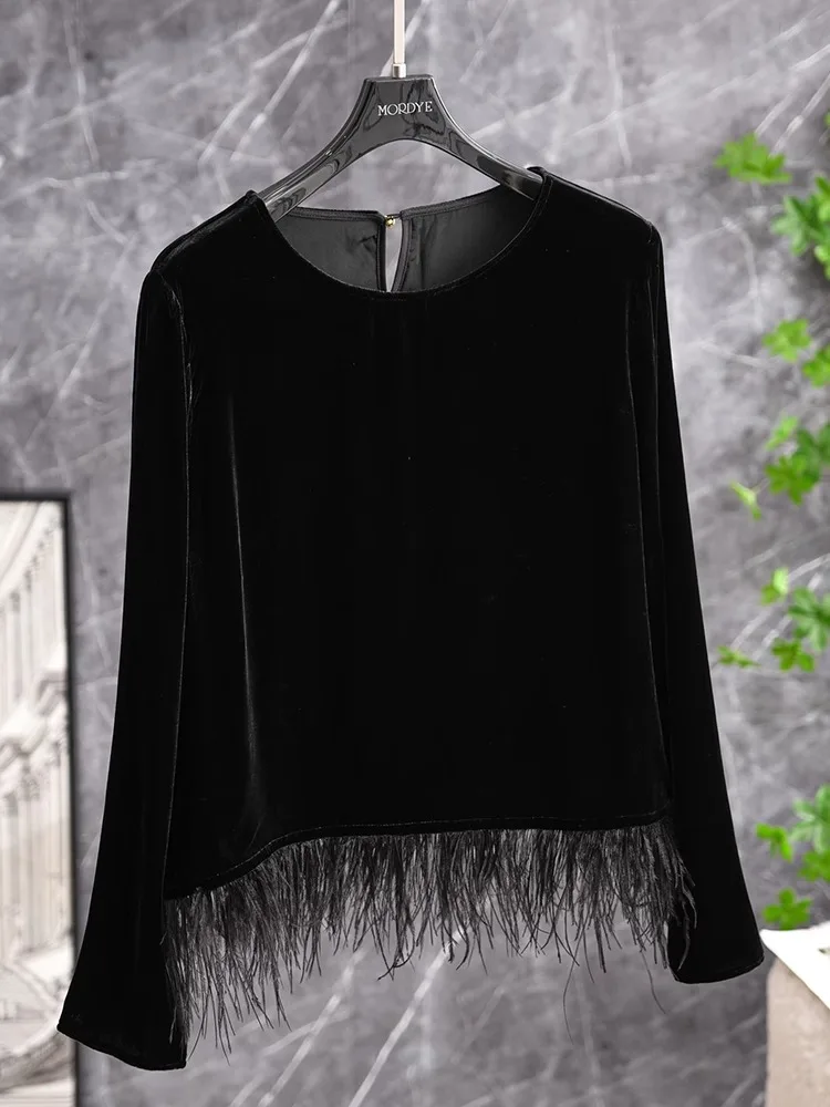 

Ele Silk Velvet Ostrich Feather Trim ort irt Women's Long Sve Top Bla Busin Casual Straight Cut Button Detail
