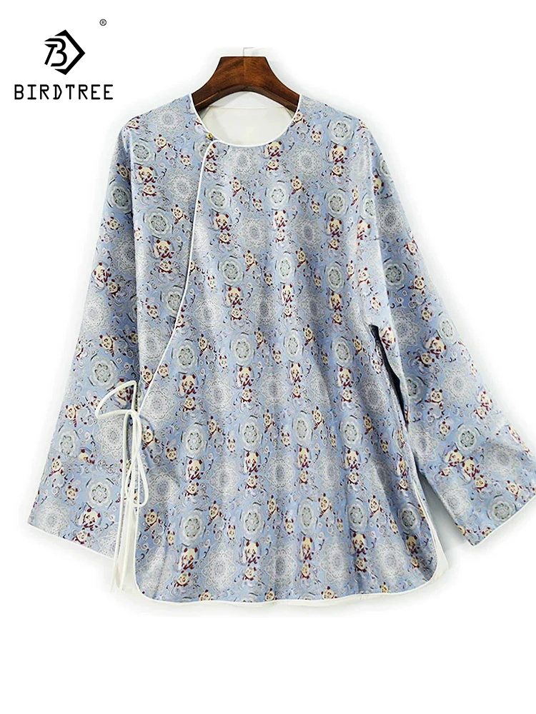 

Элегантная шелковая рубашка BirdTree-Song из парчи, женская жаккардовая блузка на шнуровке с круглым вырезом, свободная блузка в стиле ретро, осенняя новинка 2023 года T59829CC