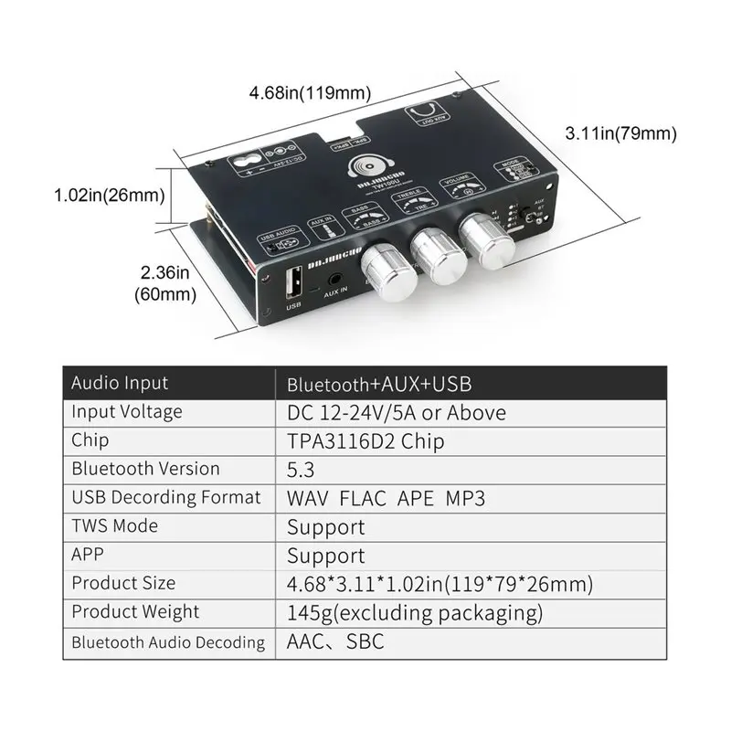ABJF-TW100U 100W Mono-Verstärkerplatine, TPA3116D2 Digitales Leistungsverstärkermodul, Unterstützt TWS-Wireless-Pairing, Bluetooth 5.3, AUX – Detail 6