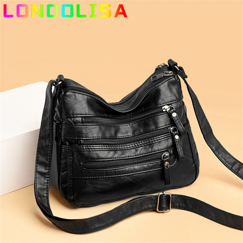 2024 Women\'s Soft Leather Shoulder Bags Multi-Layer Pockets Messenger Crossbody Bag Luxury Designer Female Handbags and Purses