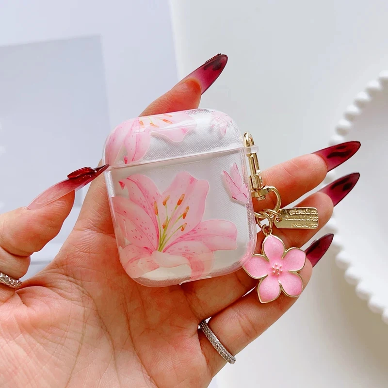 Cute Pink Lily Flowers Earphone Cases For AirPods Pro3 Protective Shell Soft Case For AirPods 1/2/3/4 Pro 2 Cover With Keychain - view 4