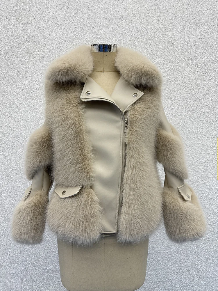 French Elegant Solid Color Retro Faux Fur PU Splicing Fashion Handsome Casual Loose Comfortable Commuting Dating Warmth Jacket