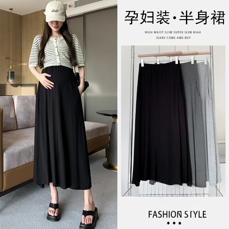 Plus Size 4 Modal Maternity Long Skirts with Pockets 2024 Summer Casual Big Bottoming Loose for Pregnant Women During Pregnancy