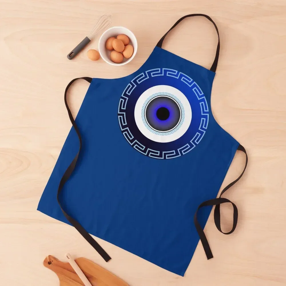 Mati Evil Eye Light Blue Greek Key Apron Kitchen Women Cooking Clothes Apron