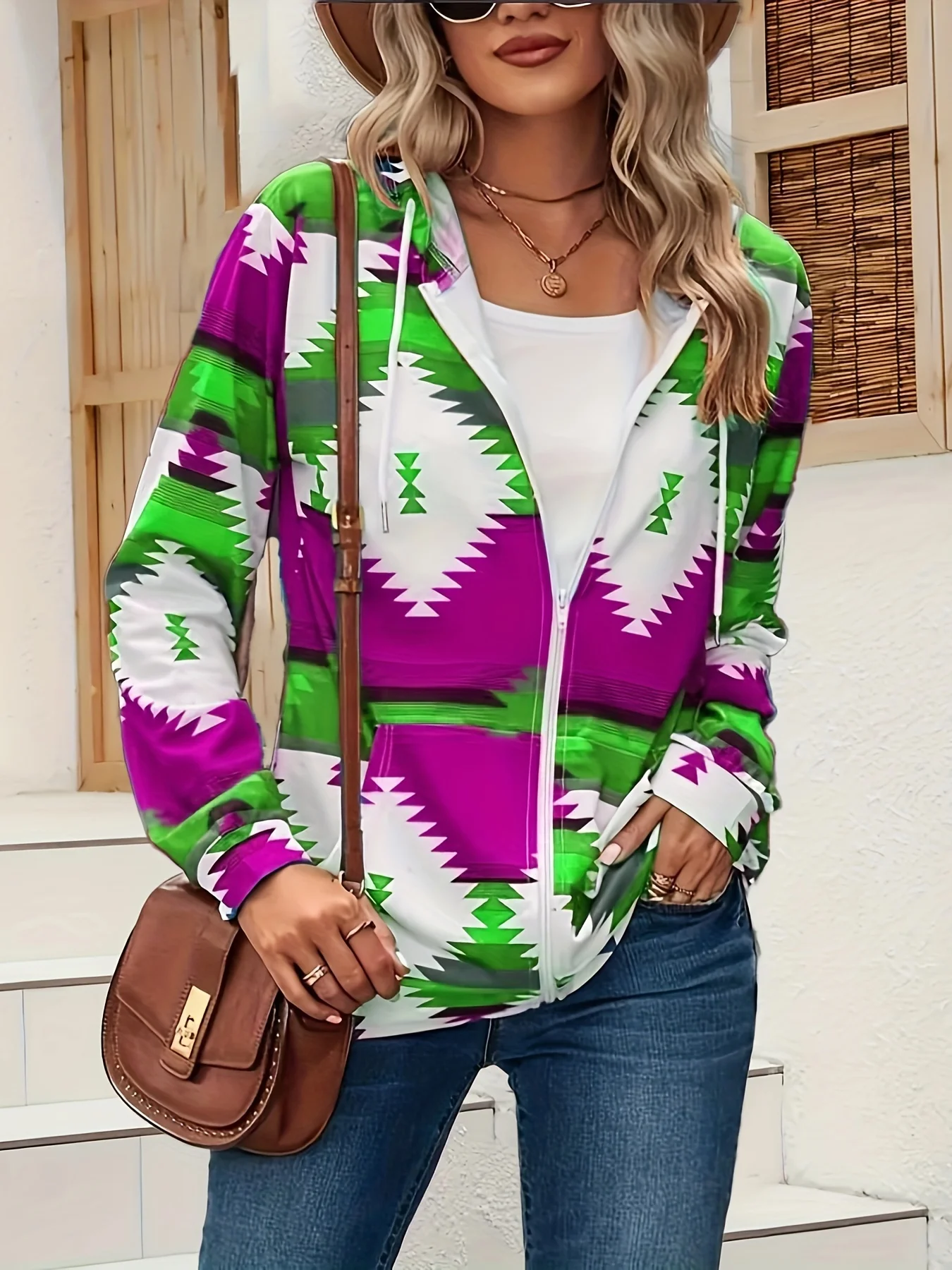 Fall/Winter European and American zipper, hooded, drawstring pocket, printed thin plus size women's long sleeve jacket