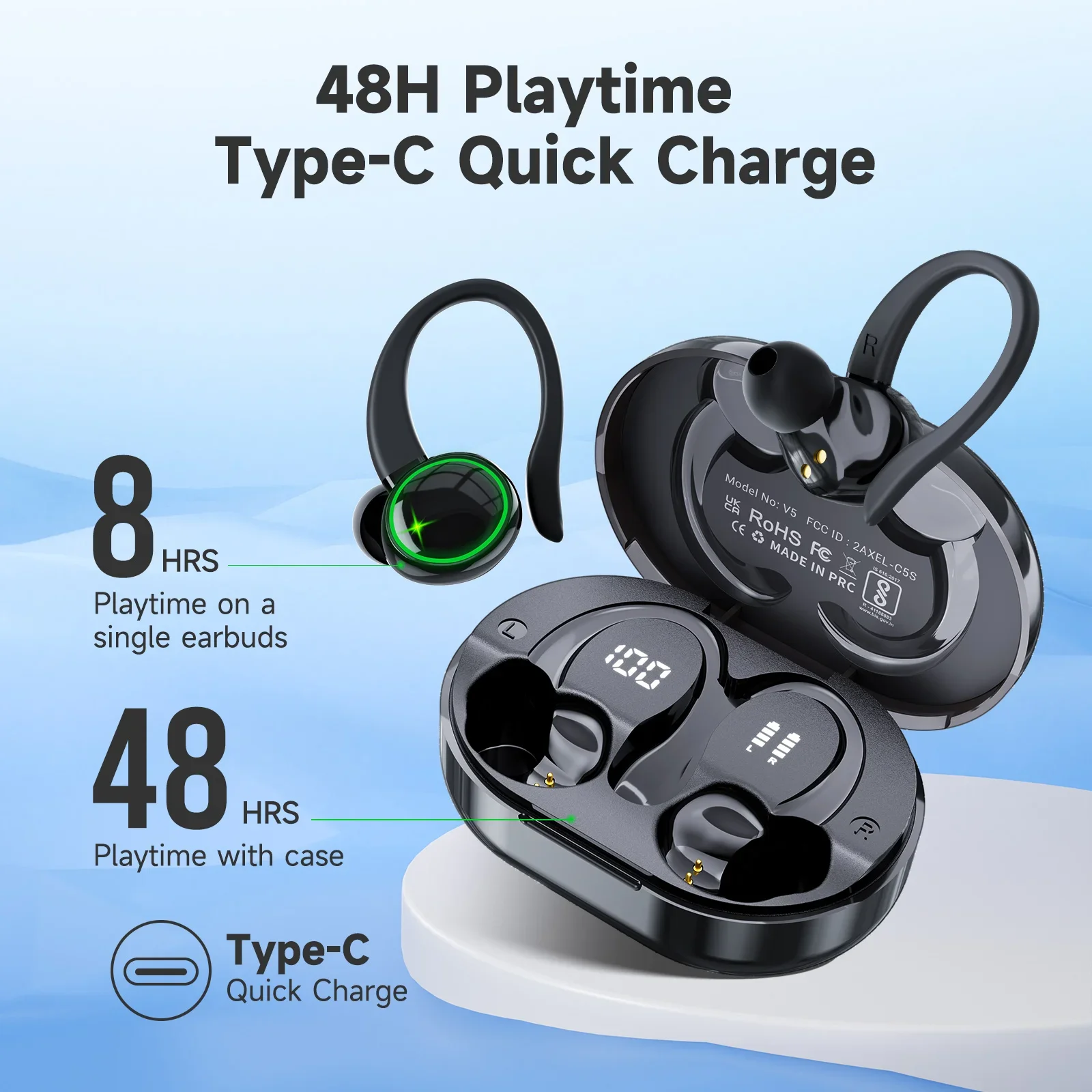 TWS Спортивные Bluetooth-наушники 5,3 HIFI Bass Беспроводные наушники со светодиодным сенсорным управлением Водонепроницаемая гарнитура для iPad IPhone Samsung