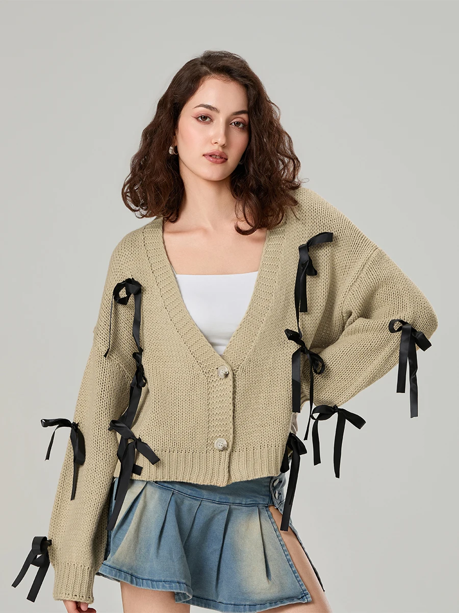 Damen-Cardigan mit Schleife, lockerer tiefer V-Ausschnitt, lange Ärmel, Knopfleiste, lässige Strickjacke