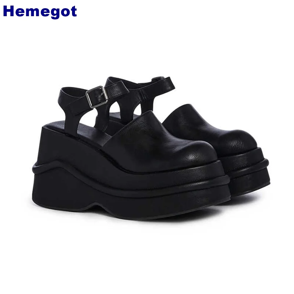 

Platform Round Toe Genuine Leather Sandal Summer Closed Toe Solid Color Fashion Lady Buckle Loafers Wedge Heel Casual Mary Janes