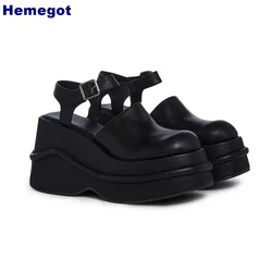 Platform Round Toe Genuine Leather Sandal Summer Wedge Heel Casual Mary Janes Closed Toe Solid Color Fashion Lady Buckle Loafers