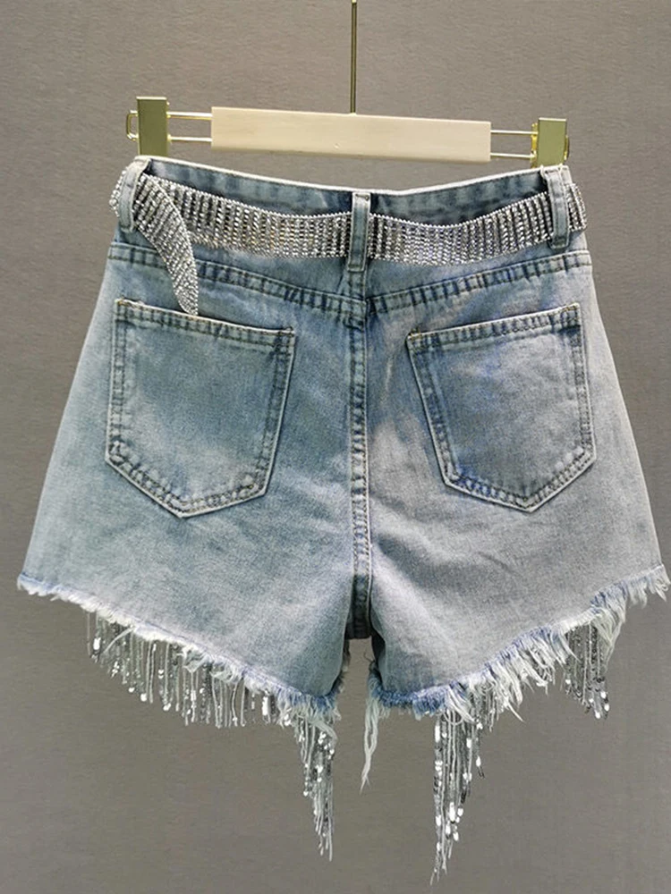 Waist Beads Tassel Women\'s Denim Shorts Summer Beading Wide Leg Thin Oversized Jeans S-5xl Size Korean Streetwear Women Clothes