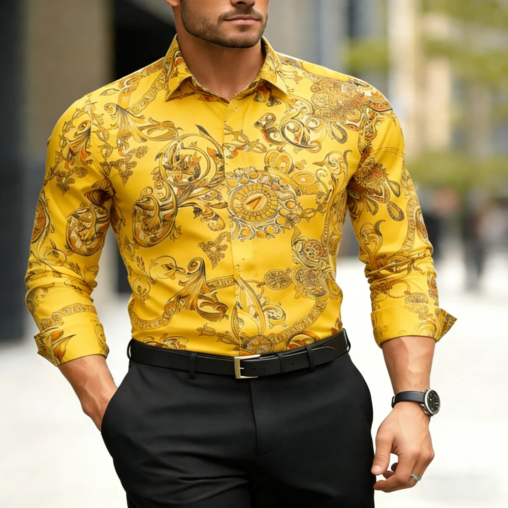 Men's Retro Long Sleeve Collar Shirt Natural High-Definition Printed Black Shirt Hawaiian Vacation Social Men's Clothing for You