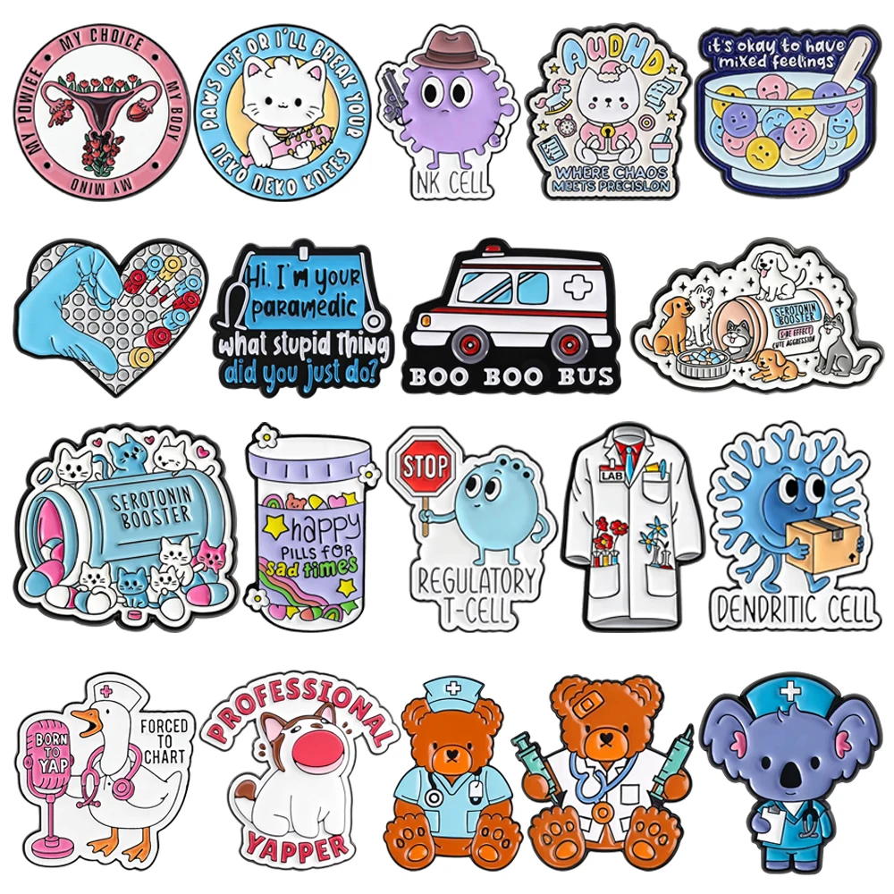 Cartoon Medical Enamel Brooch Organ Uterus Pin Cell Dog Pill Nurse Goose Bear Koala Doctor Metal Badge Jewelry Gift For Friends