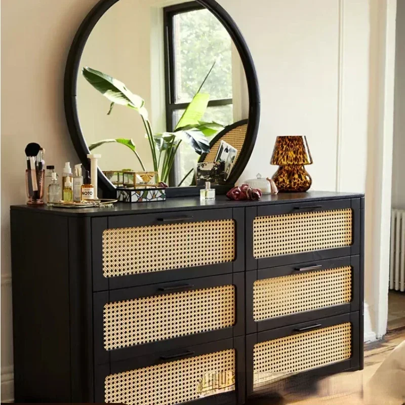 

Винтажный комод из массива дерева и ротанга с шестью ящиками, шкаф для хранения