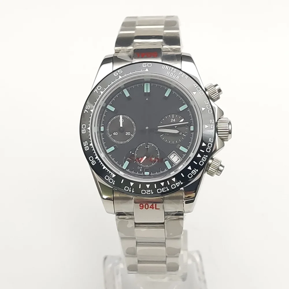 PARNSRPE 40mm goldene Edelstahl multifunktion ale Business VK63 Quarzuhren für Männer Chronograph Saphirglas Datum Gummi armband 9