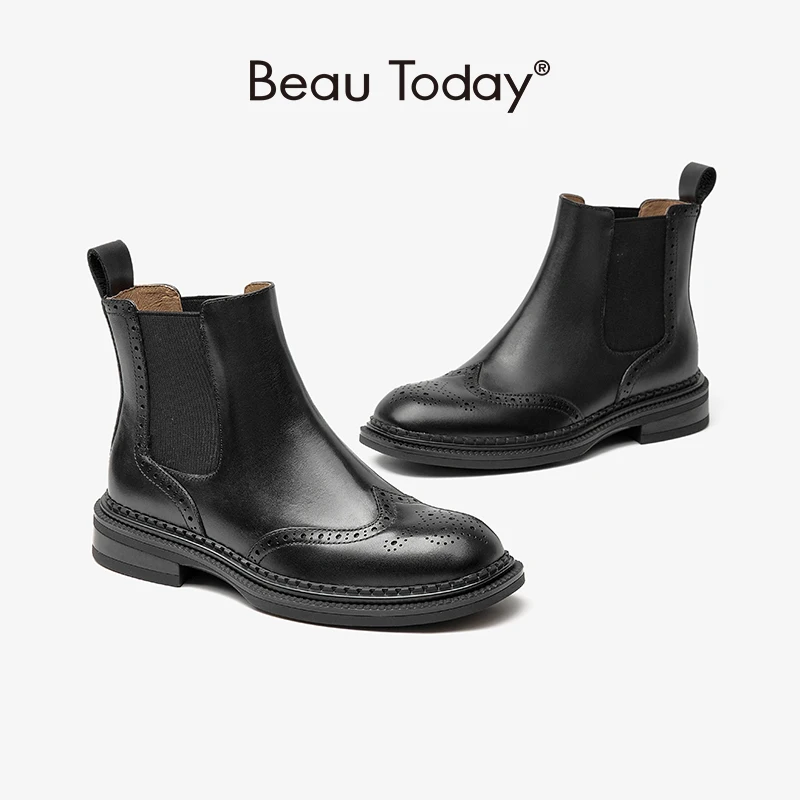 BEAUTODAY Women Chelsea Boots Genuine Calfskin Leather Round Toe Elastic Band Brogue Pattern Ladies Shoes Handmade 03077